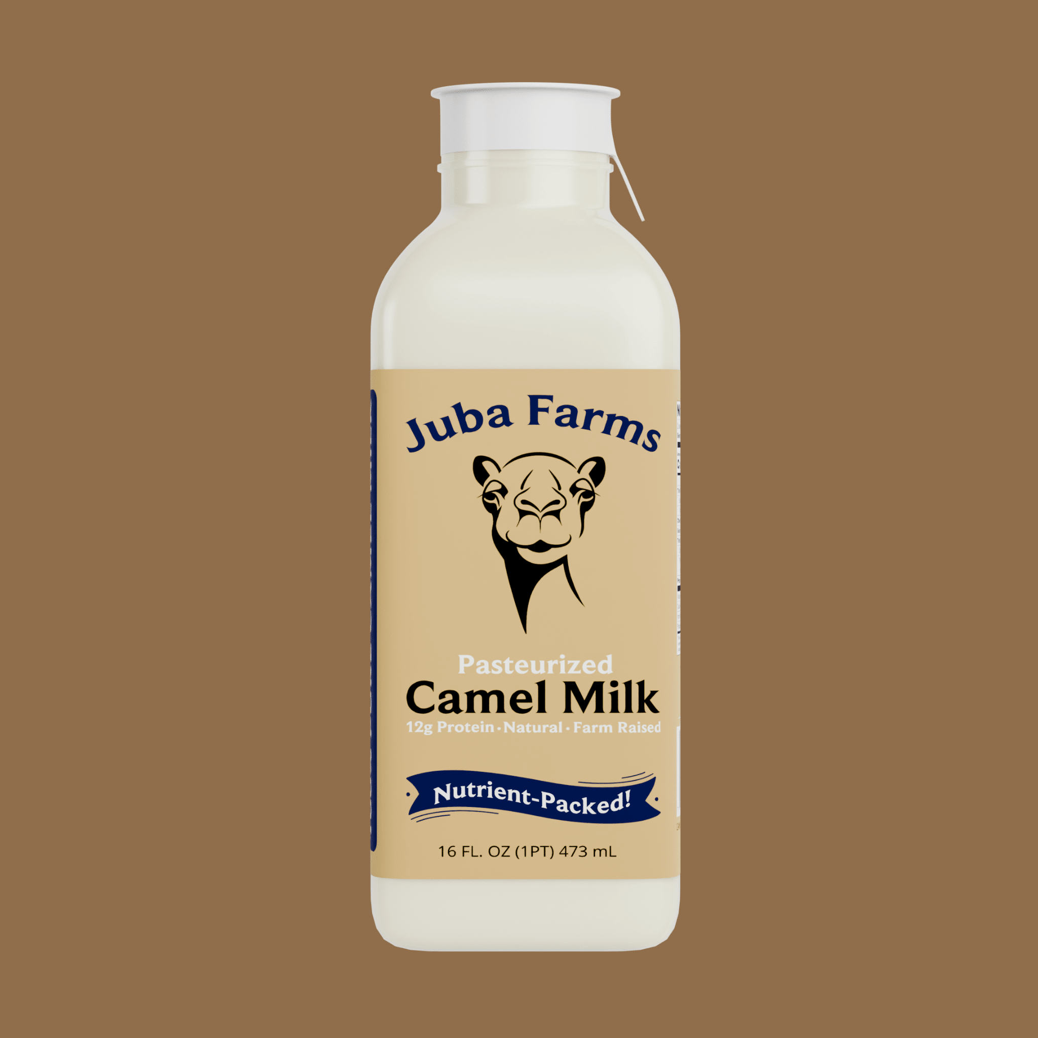 Juba Farms 16 fl oz bottle of pasteurized camel milk with 12g protein, natural farm-raised camel milk, nutrient-packed, front product label on beige background.