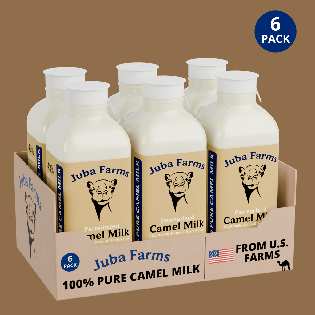6-pack of Juba Farms 16 oz pasteurized pure camel milk bottles in a retail display carton, labeled 100% pure camel milk from U.S. farms.