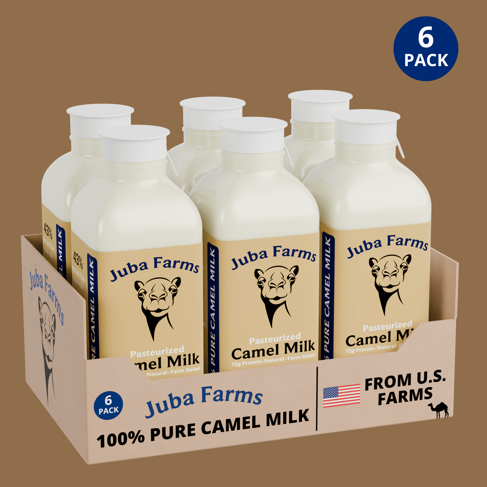 6-pack of Juba Farms 16 oz pasteurized pure camel milk bottles in a retail display carton, labeled 100% pure camel milk from U.S. farms.