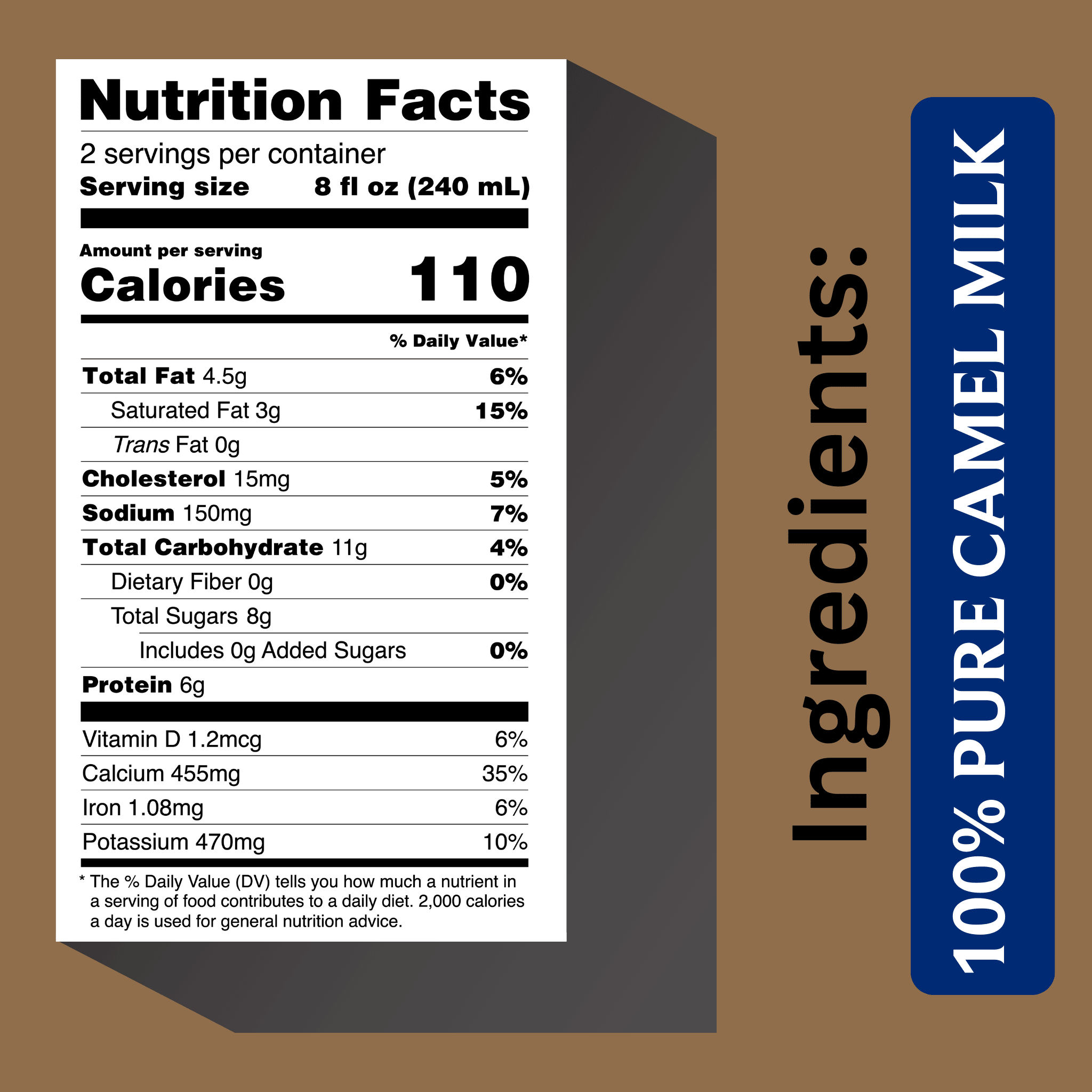 Nutrition Facts label for Juba Farms 100% Pure Camel Milk showing ingredients, serving size of 8 fl oz (240 mL), 110 calories, 6g protein, 455mg calcium, and complete nutrition information for a 16 oz bottle.