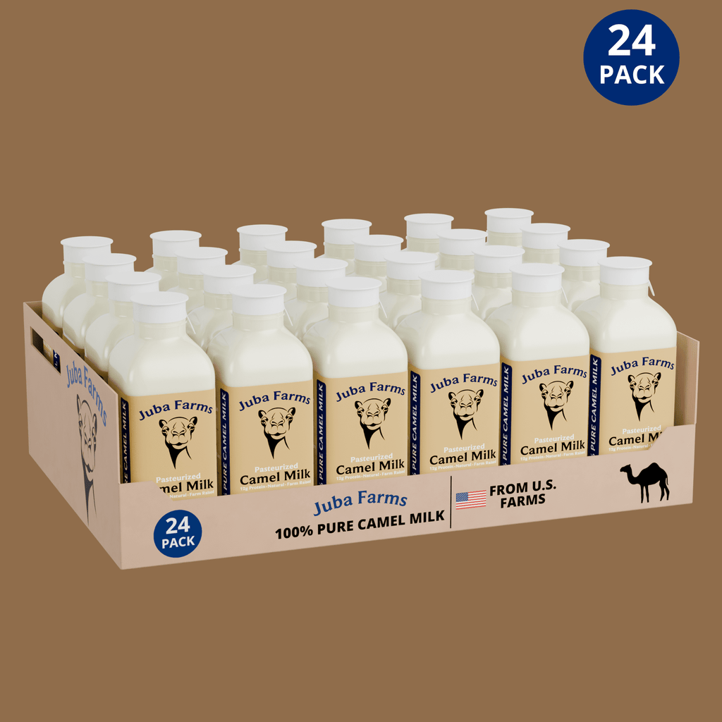 24-pack of Juba Farms 16 oz pasteurized pure camel milk bottles in a retail display carton, labeled 100% pure camel milk from U.S. farms, packaged in a bulk case for families, food service, and wholesale use.