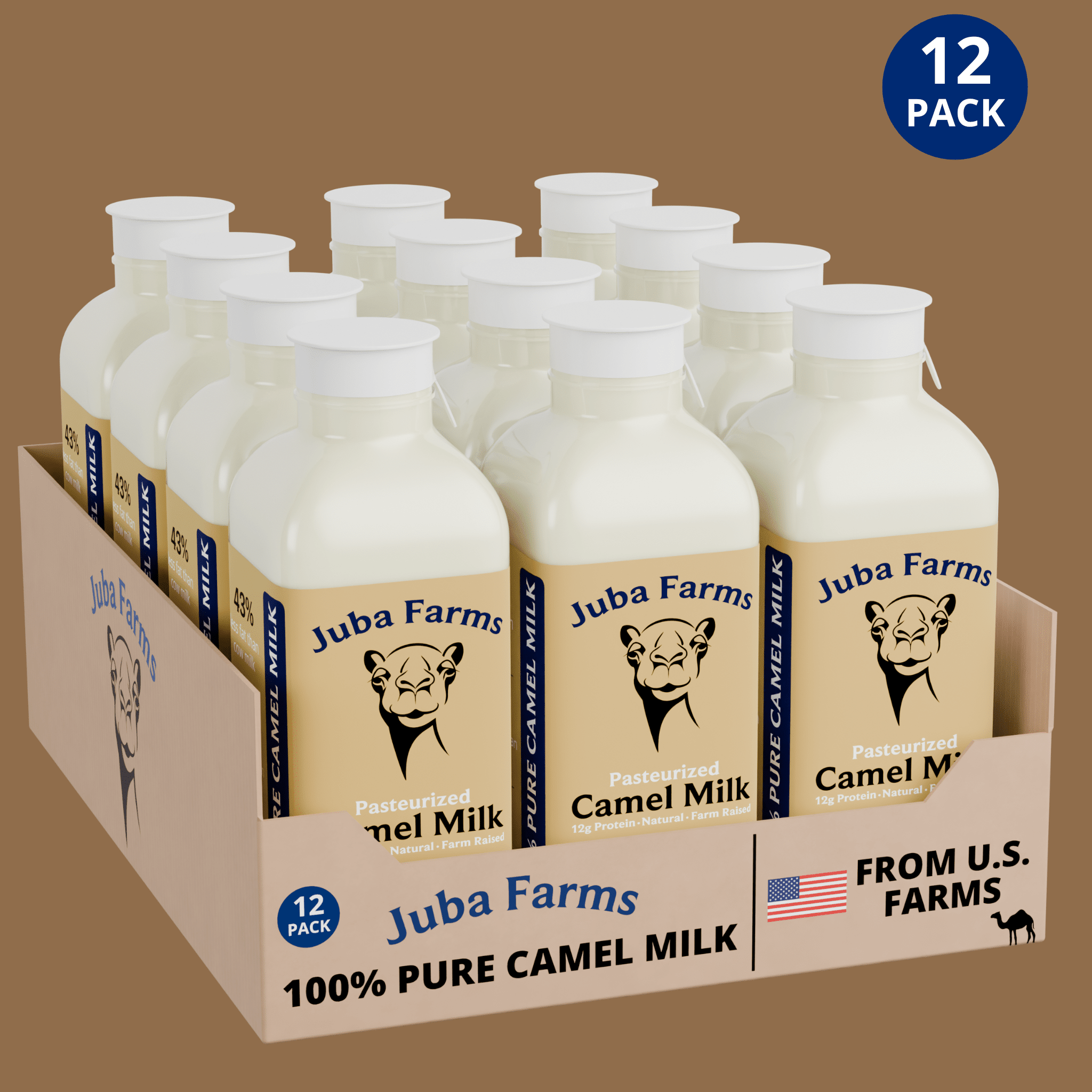 12-pack of Juba Farms 16 oz pasteurized pure camel milk bottles in a retail display carton, labeled 100% pure camel milk from U.S. farms.