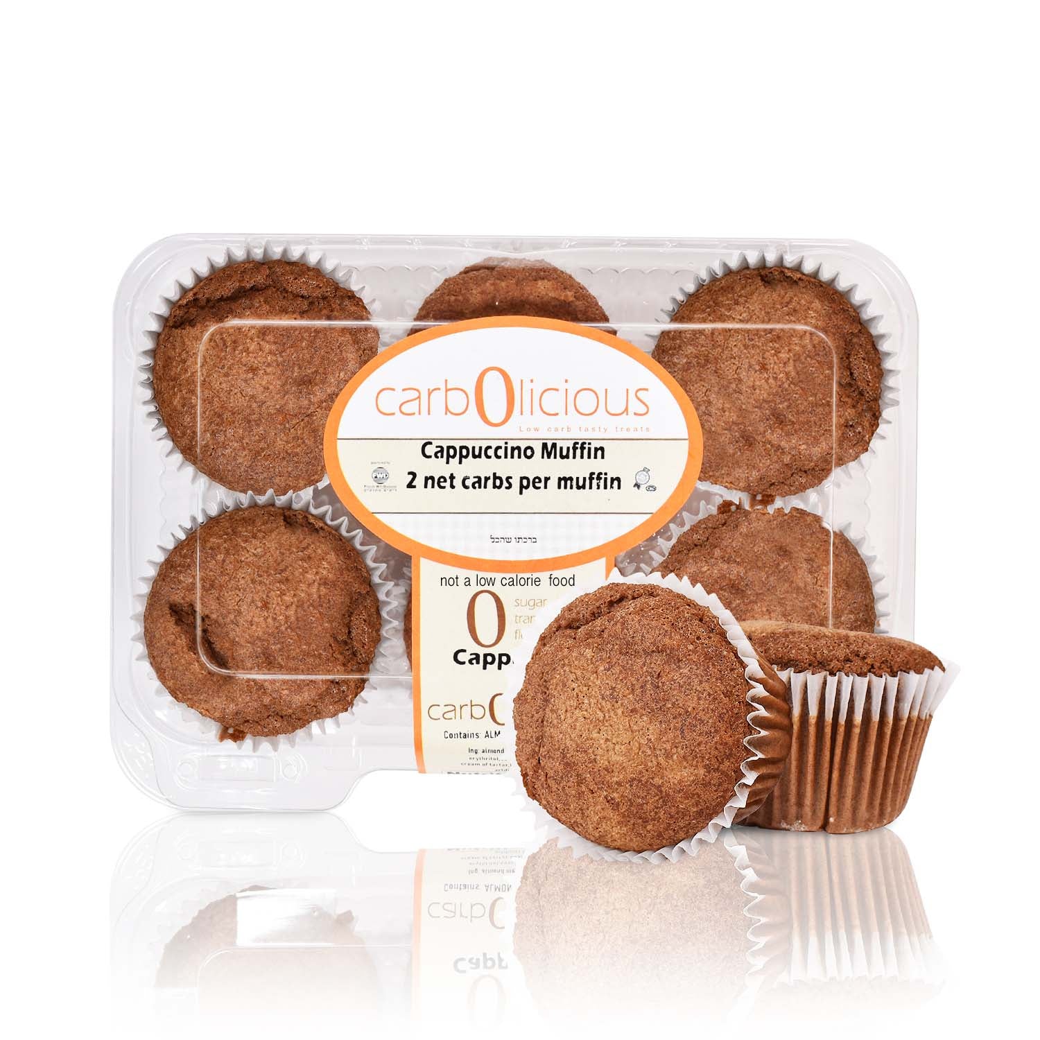 Carbolicious Cappuccino Muffins in a clear plastic 6-pack container with a branded label, featuring low-carb, sugar-free, keto-friendly muffins with **2g net carbs per muffin**, isolated on a white background.