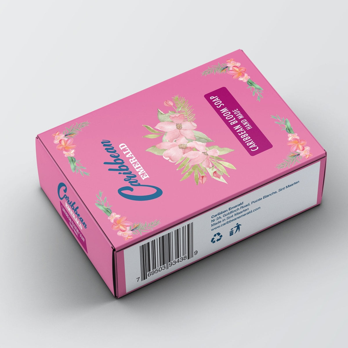 Caribbean Emerald Caribbean Bloom Soap from Sint Maarten featuring tropical floral botanicals, a vibrant pink gift box and island-inspired bath and body care for a refreshing tropical self-care experience.