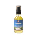 Bottle of chamomile oil with a blue label on a white background