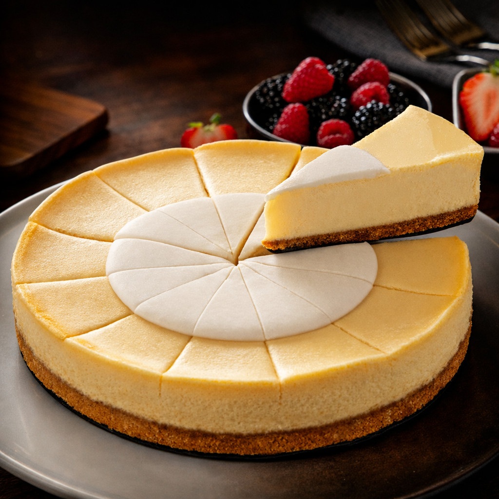 Cheesecake with a slice removed on a plate, surrounded by berries.