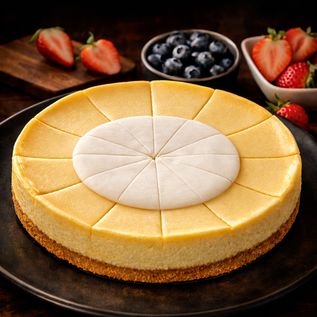 Cheesecake with a graham cracker crust on a dark plate, surrounded by strawberries and blueberries.