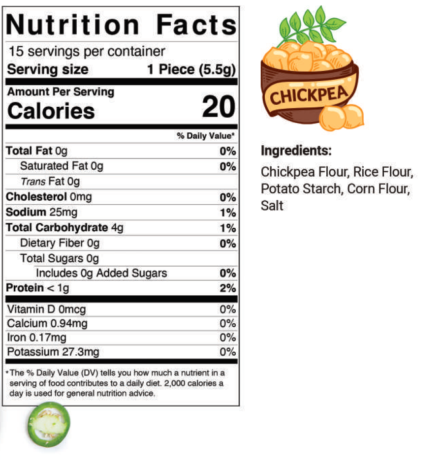 Nutrition facts label for a food product with chickpea flour as an ingredient.