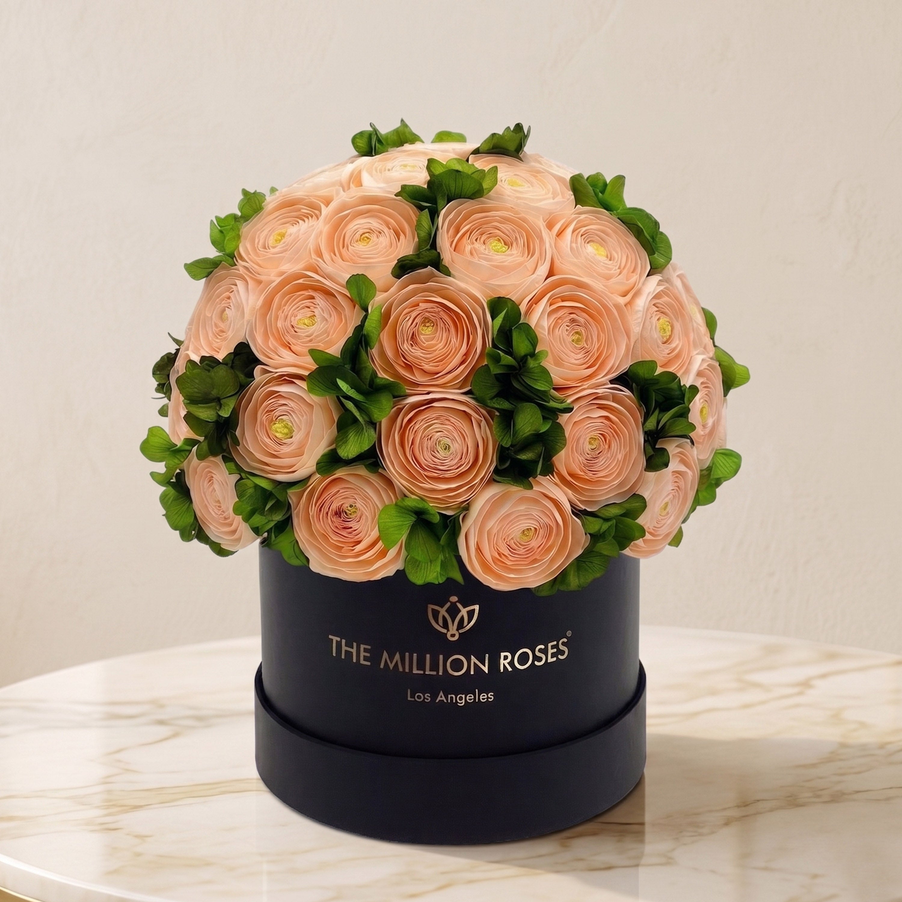 Classic Black Box | Peach Persian Buttercups & Green Hydrangeas