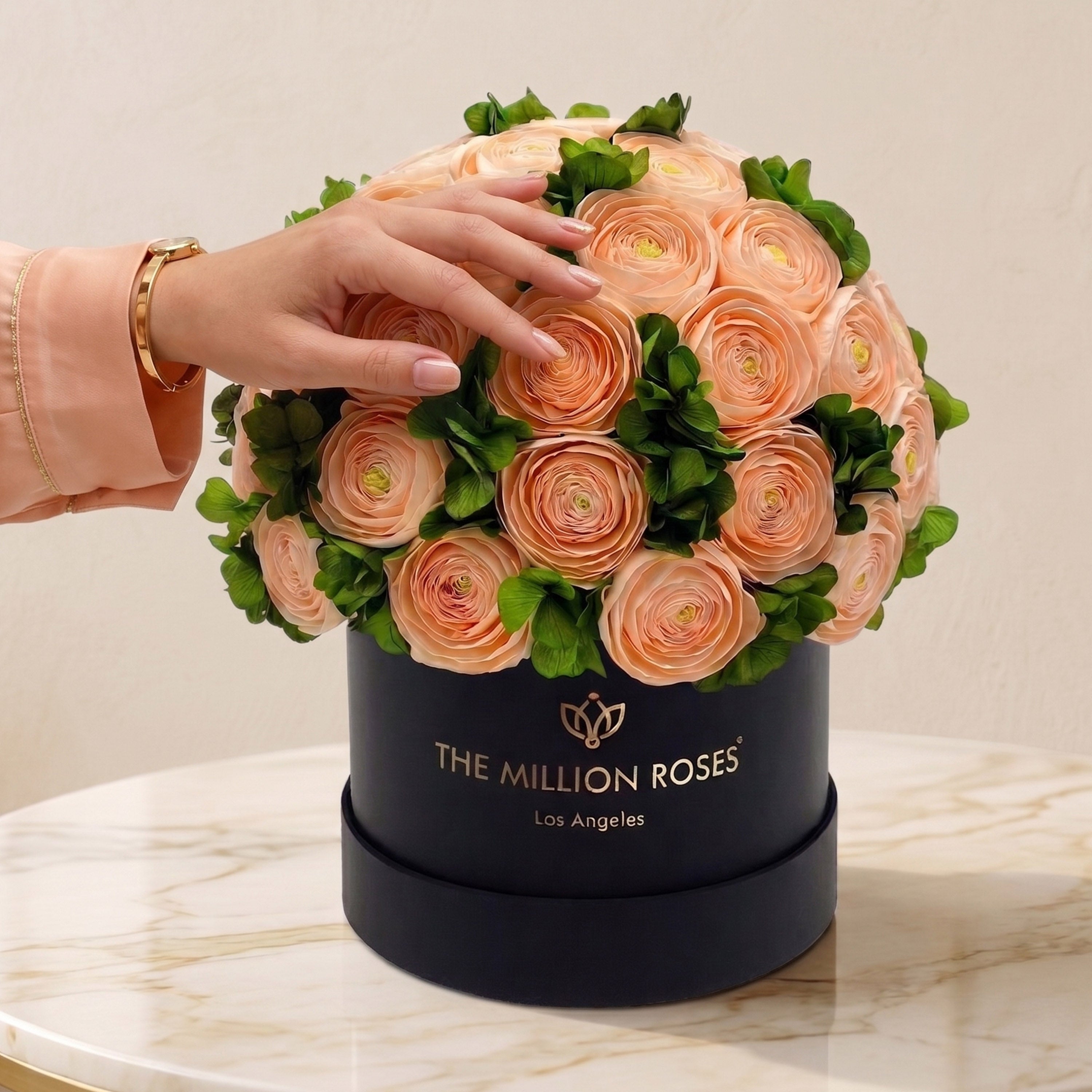 Classic Black Box | Peach Persian Buttercups & Green Hydrangeas