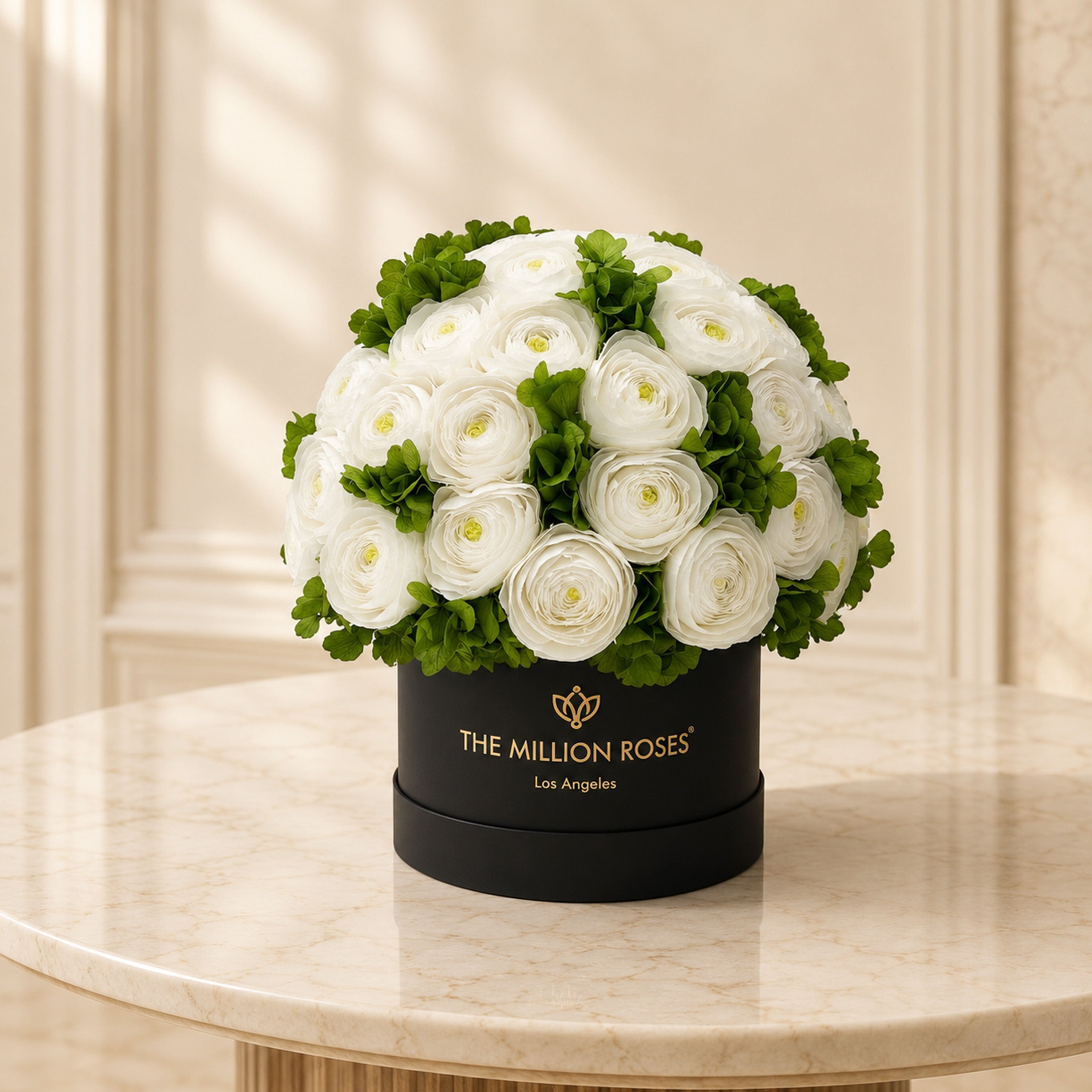Classic Black Box | White Persian Buttercups & Green Hydrangeas