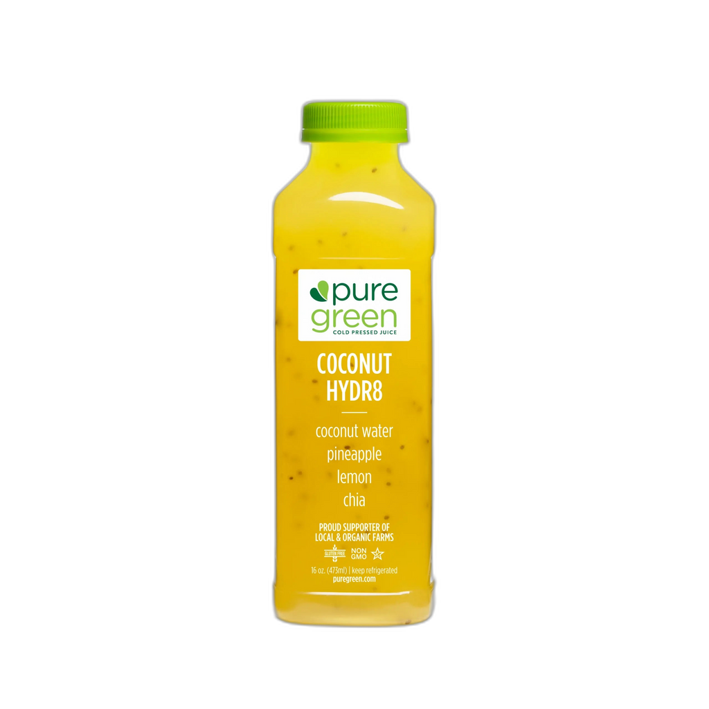 Bottle of pure green coconut water pineapple lemon chia on a white background. PURE GREEN COCONUT HYDRATE  Cold-Pressed NON-GMO Juice Drink with Coconut Water, Pineapple, Lemon and Chia, No Added Sugar, Gluten-Free