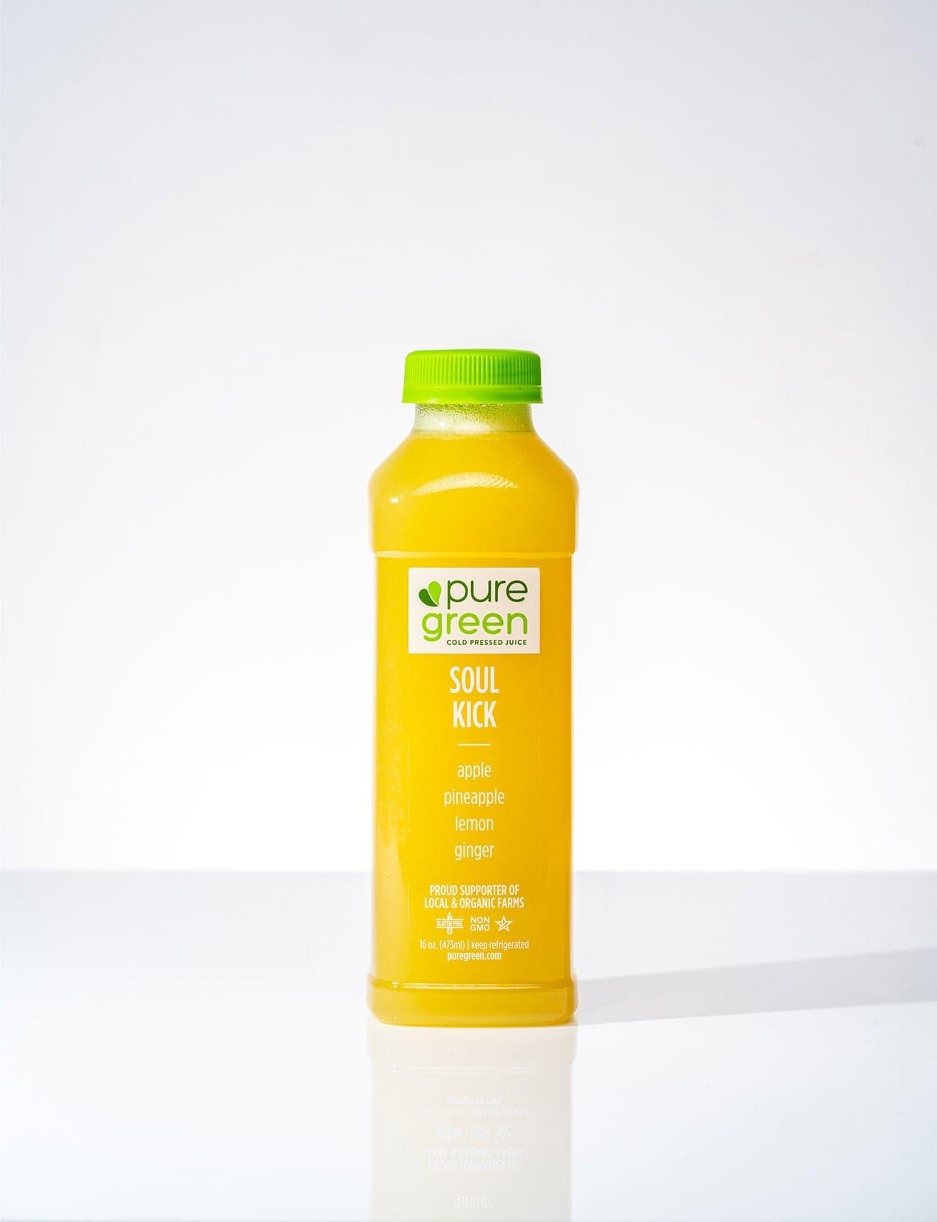 Bottle of pure green juice on a white background. PURE GREEN SOUL KICK: Cold-Pressed NON-GMO Juice Drink with Apple, Pineapple, Lemon and Ginger, No Added Sugar, Gluten-Free