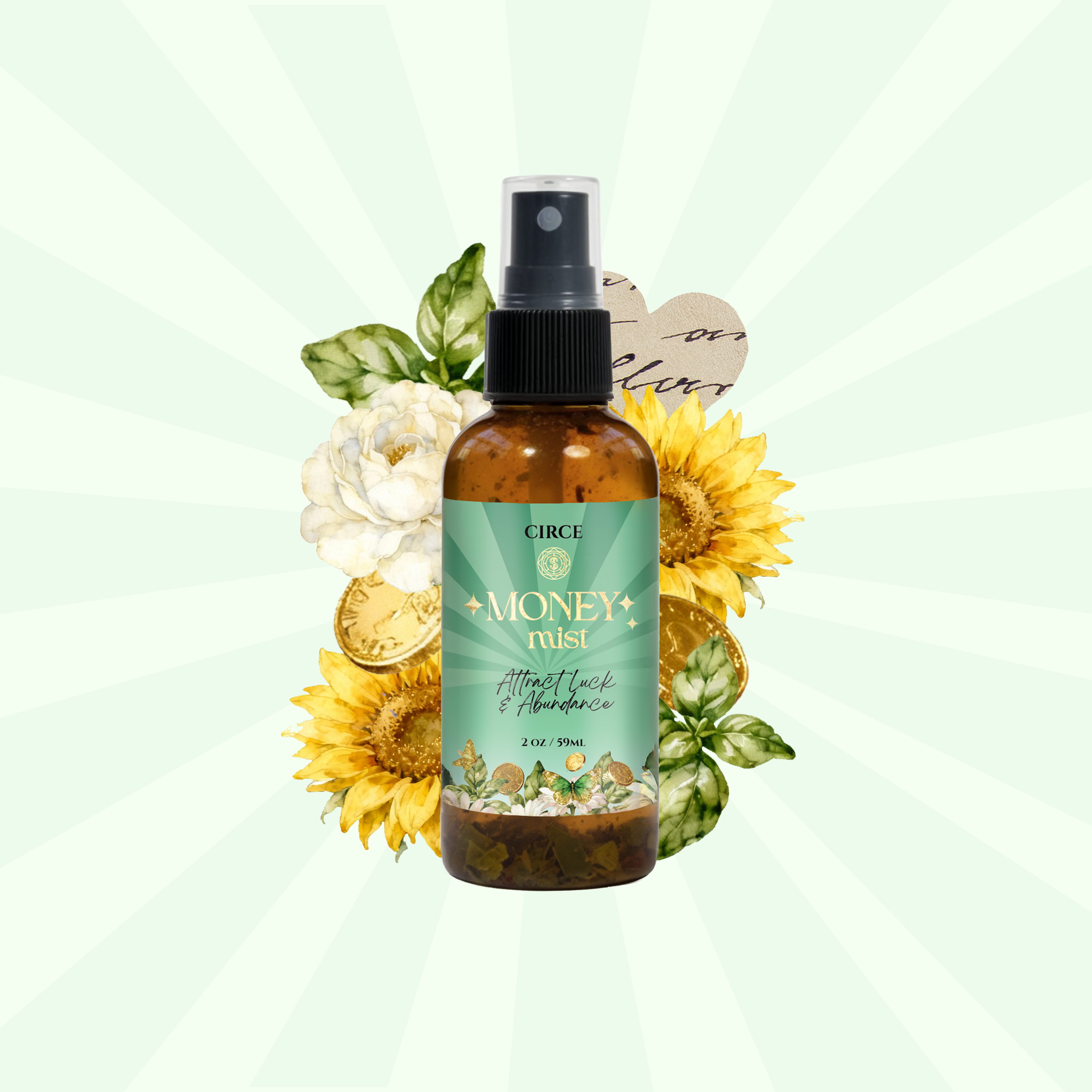 Circe Money Mist 2 oz abundance and prosperity spray with bay leaf and cinnamon, surrounded by sunflowers, flowers and gold coins for wealth attraction