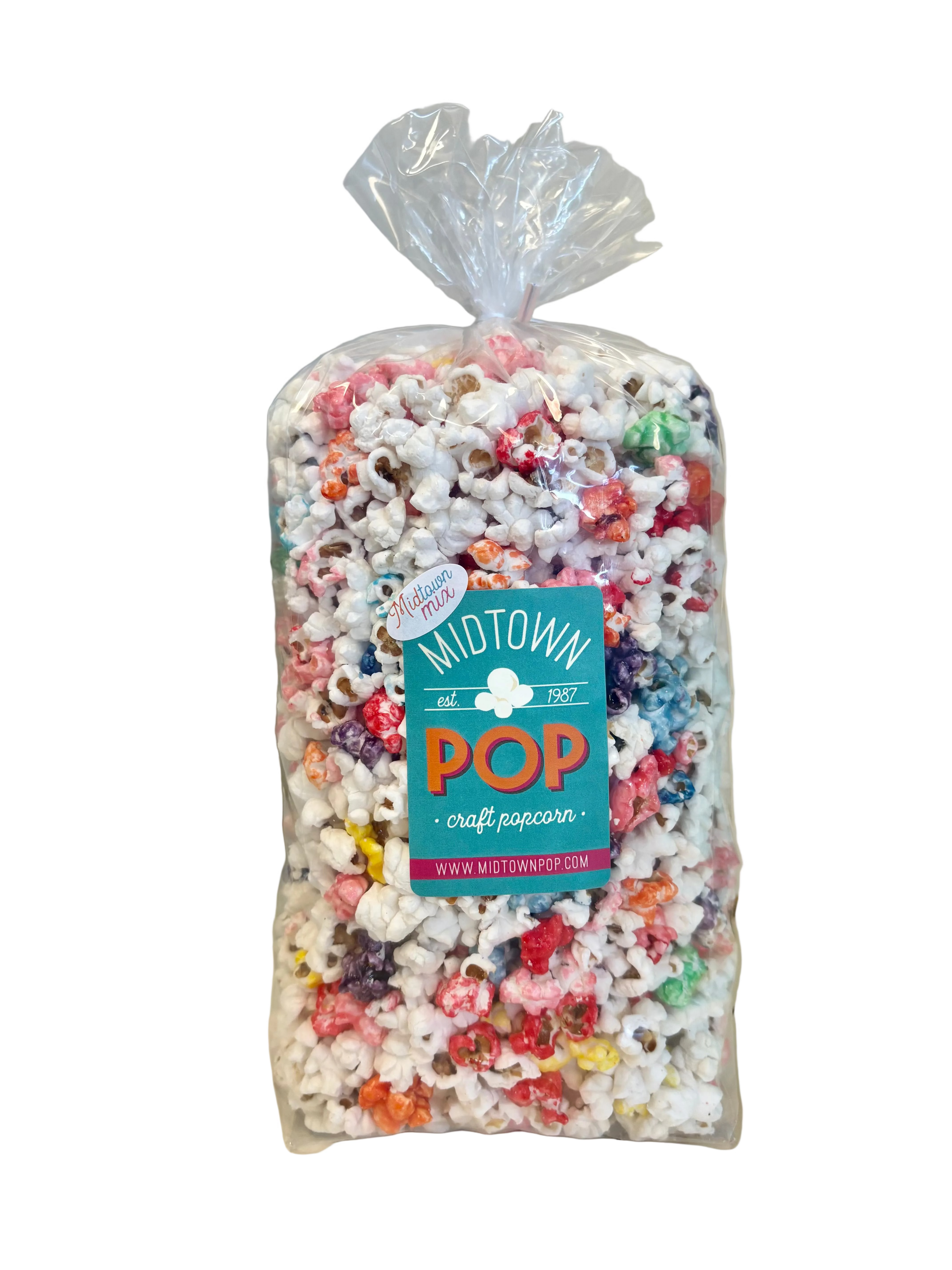 Bag of colorful popcorn with a 'Midtown Pop' label on a white background