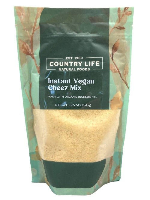 Country Life Natural Foods Instant Vegan Cheez Mix pouch made with organic ingredients, 12.5 oz dairy-free cheese alternative mix for vegan mac and cheese, nachos, sauces, and plant-based recipes. Veggie chip dip