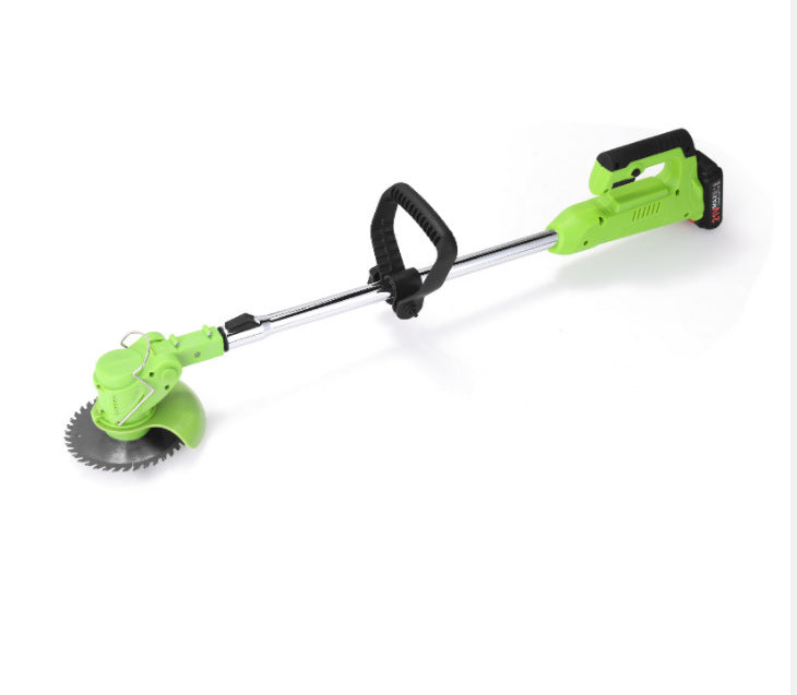 Cordless electric lawn mower and rechargeable grass trimmer garden tool with battery-powered cutting blade for lawn care, yard maintenance and landscaping