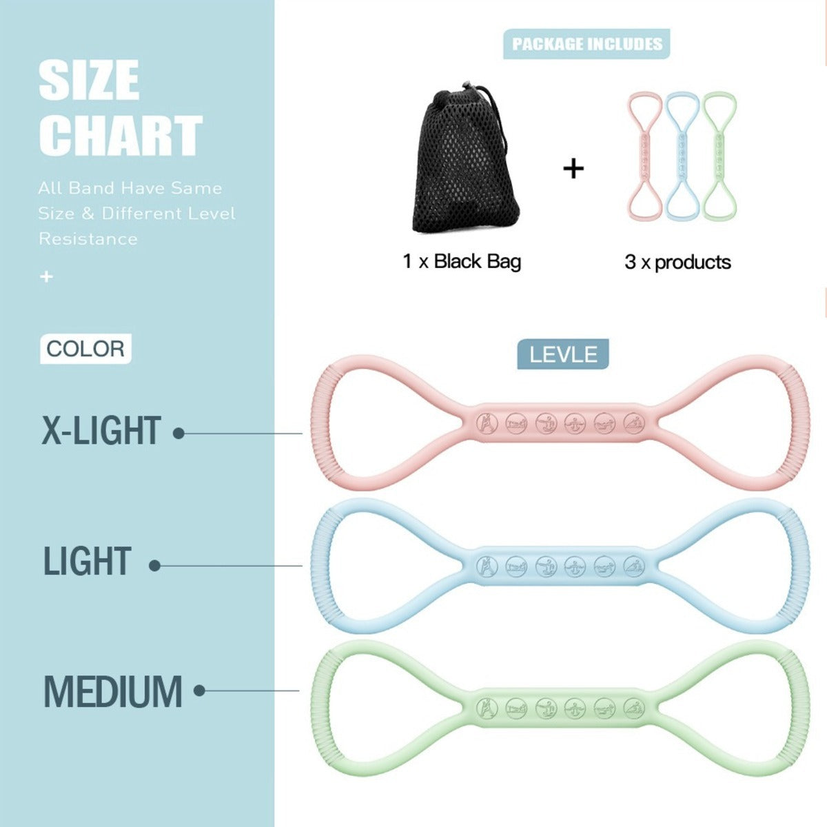 Size chart for resistance bands with color and level labels on a light blue background.