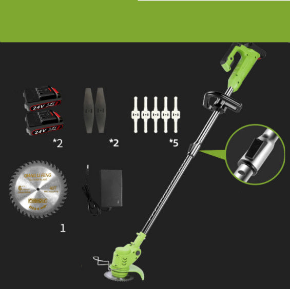 Cordless electric lawn mower garden tool with rechargeable batteries, cutting blades, charger and accessories for grass trimming and yard care