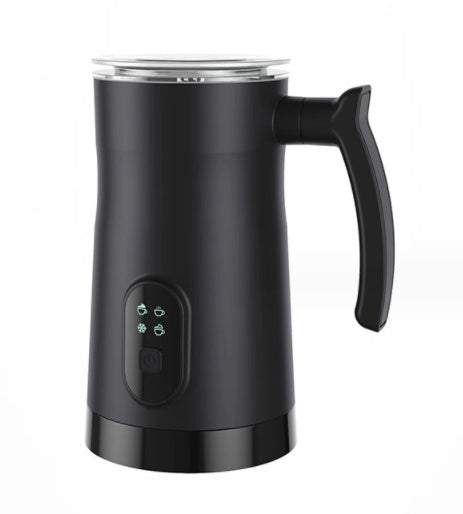 Black automatic hot and cold electric milk frother machine with ergonomic handle, digital controls and clear lid for lattes, cappuccinos and cold foam.