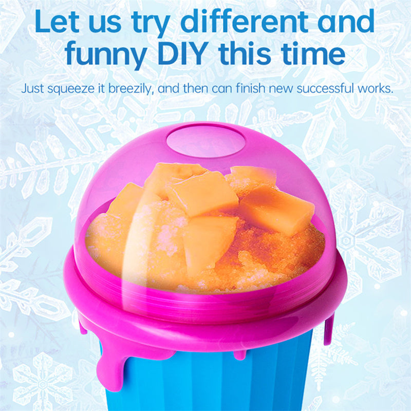 DIY reusable 500ml slushy maker cup filled with frozen mango slush, featuring a blue freezer cup and pink ice cream-style lid against a frosty snowflake background with DIY frozen treat instructions.