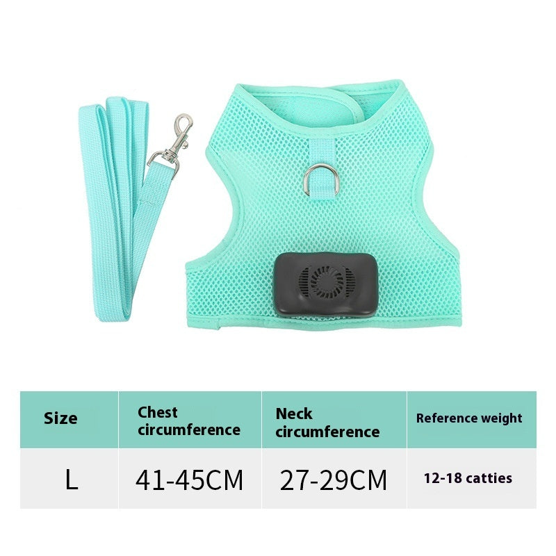 Mint green breathable cooling dog harness and leash set with built-in pet air conditioner fan, adjustable mesh chest straps, D-ring and LED safety light. Size L fits 41–45 cm chest, 27–29 cm neck and 12–18 lb dogs. Comfortable pet harness leash.
