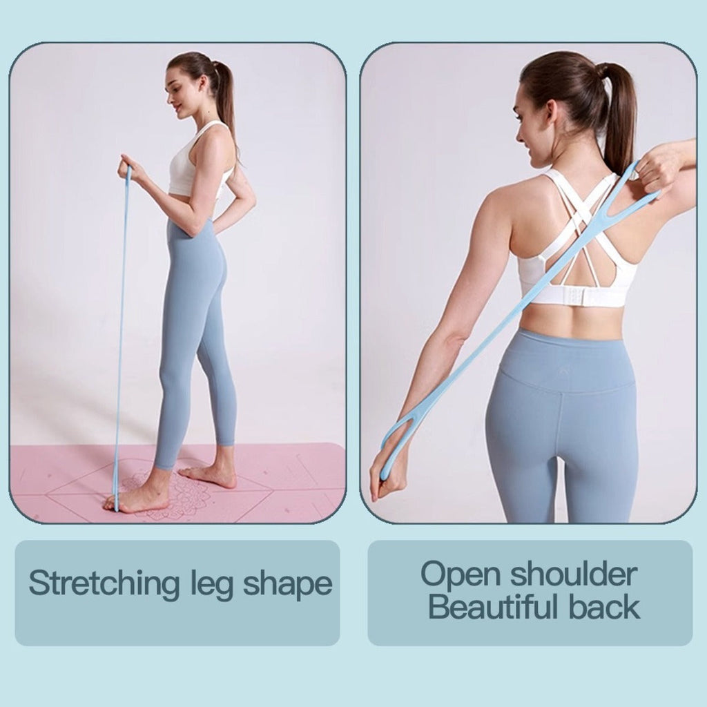 Woman using a resistance band for stretching exercises on a pink mat with text labels.