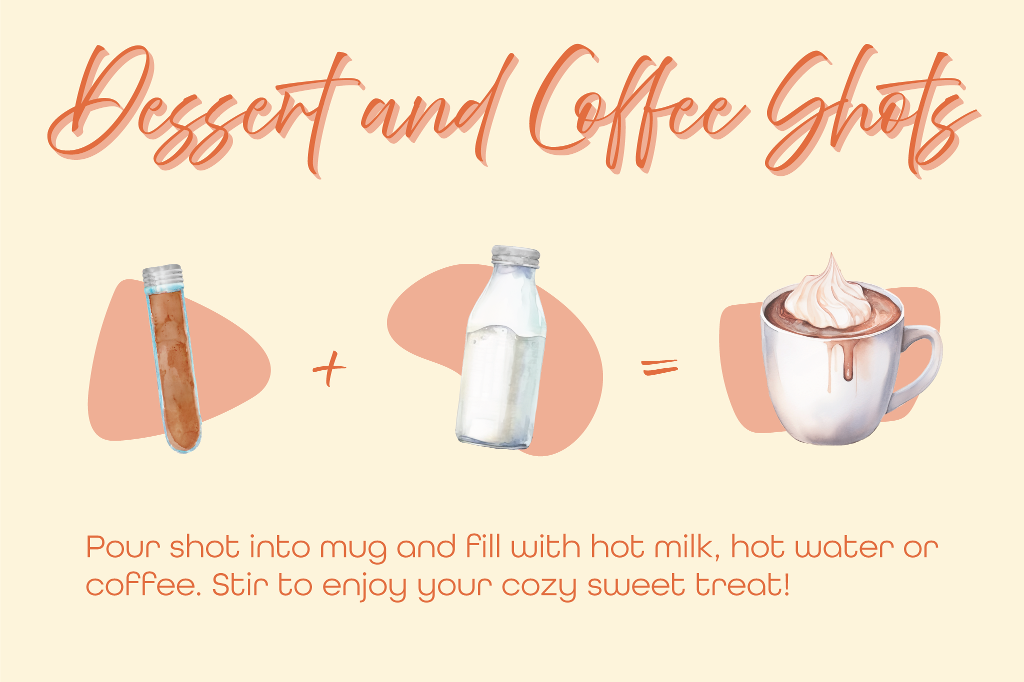 Illustrated recipe card showing a dessert and coffee mix shot combined with milk to create a creamy mocha-style drink, with simple step-by-step graphics and instructions for preparing a cozy hot beverage.