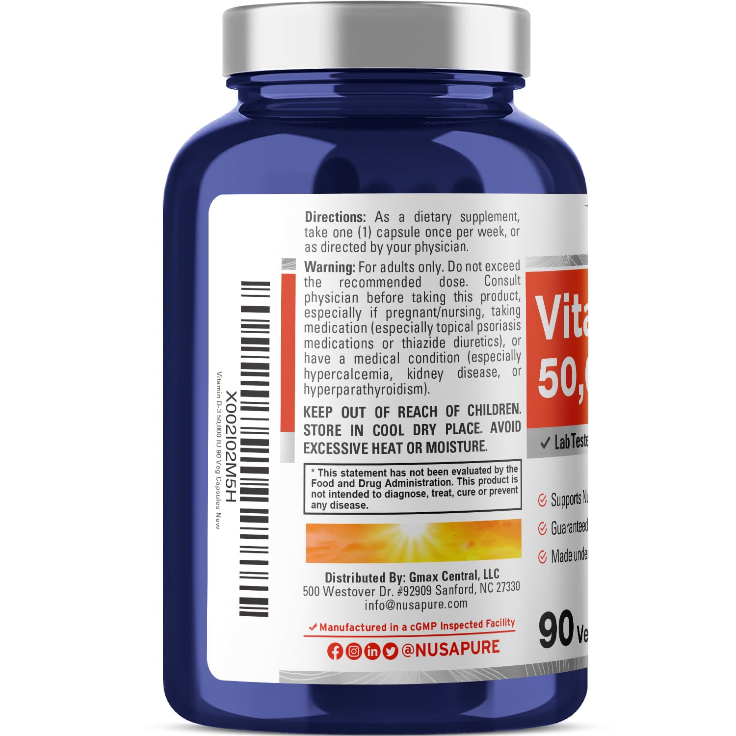 NusaPure Vitamin D3 50,000 IU 90 Vegetarian Capsules (Non-GMO)