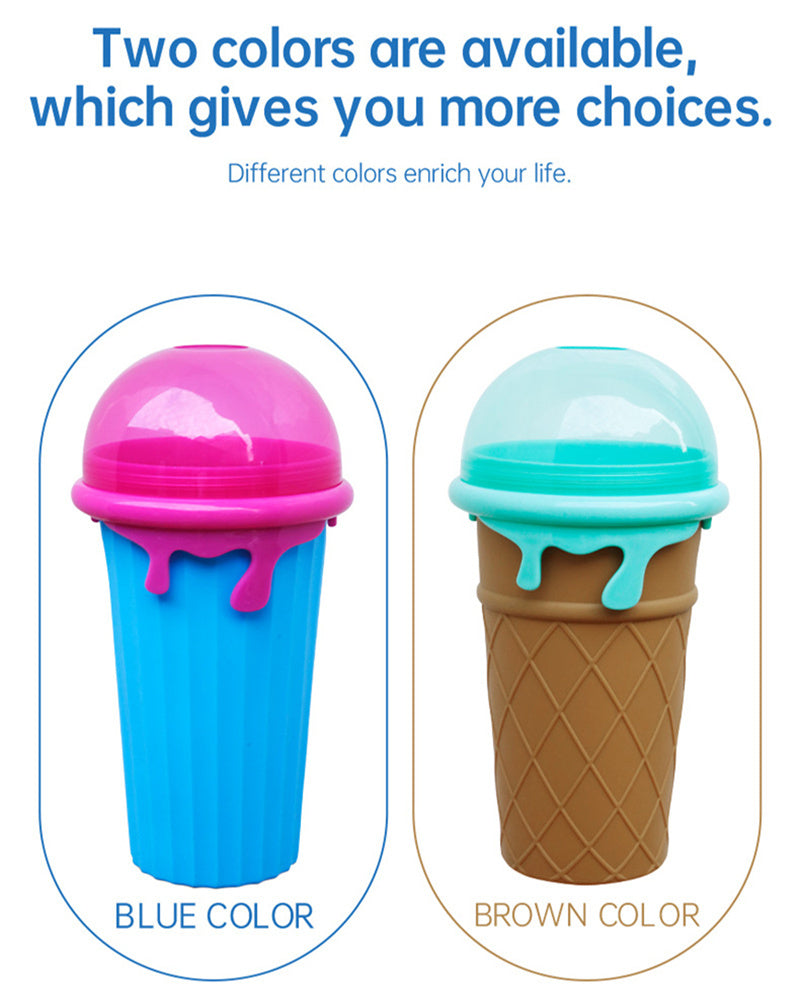 Reusable 500ml slushy maker cups available in two color options: blue cup with a pink ice cream-style lid and brown waffle cone cup with a mint blue lid, showcasing fun, reusable BPA-free smoothie freezer cups for homemade frozen treats.