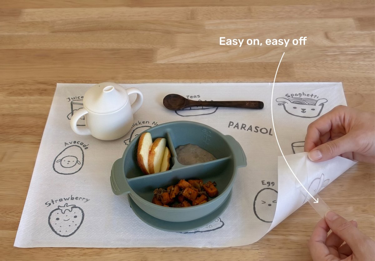 Children's placemat with food and a hand lifting a piece of paper, labeled 'Easy on, easy off'. Baby placemats.