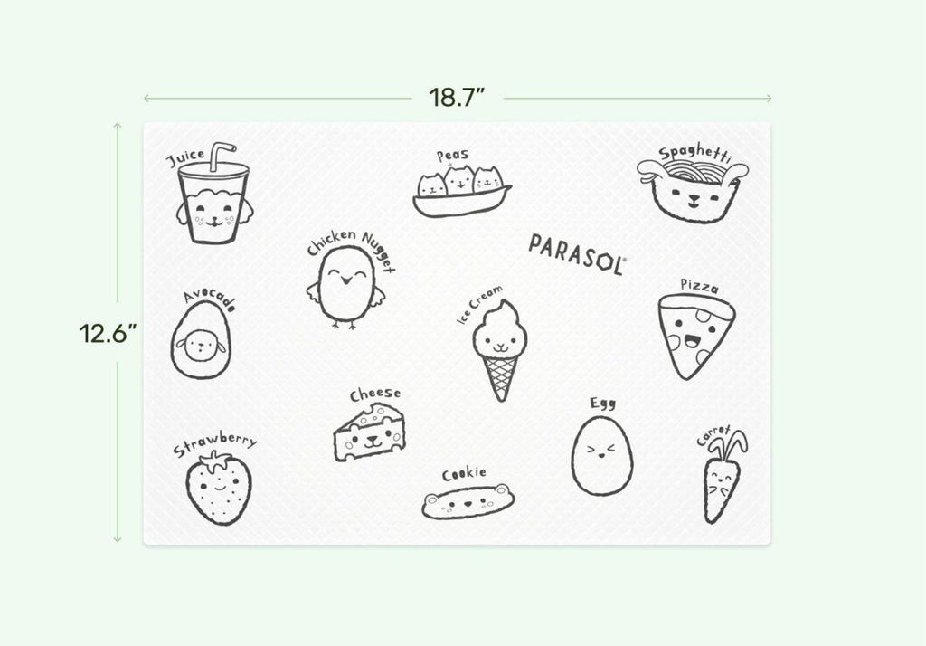 Illustrations of various food items with dimensions on a light green background. Baby placemats.