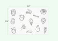 Illustrations of various food items with dimensions on a light green background. Baby placemats.