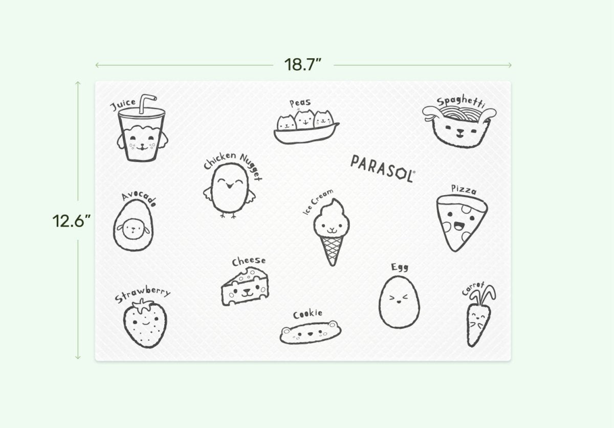 Illustrations of various food items with dimensions on a light green background. Baby placemats.