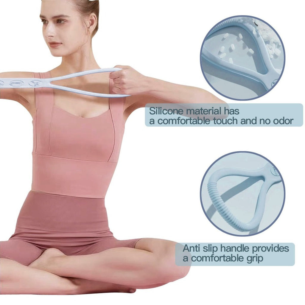 Woman using a silicone stretching band with close-up details on material and handle.