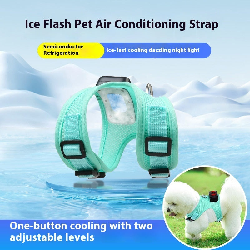 Ice flash pet air conditioning cooling harness for dogs with semiconductor refrigeration, one-button two-level cooling, adjustable breathable chest straps and night light. Comfortable pet harness leash.