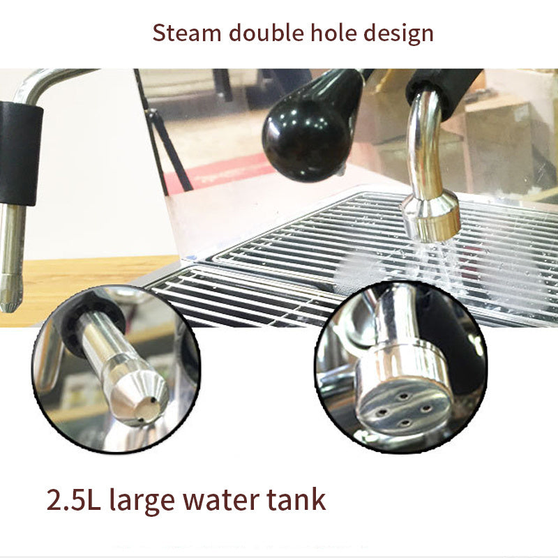 Steam wand with double-hole steam nozzle producing steam over the drip tray, highlighting the espresso machine's 2.5L removable water tank and stainless steel construction.