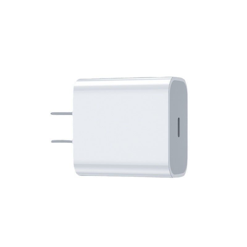 A white rectangular wall charger adapter with two flat metal prongs and a USB-C port on the side, shown on a plain white background.