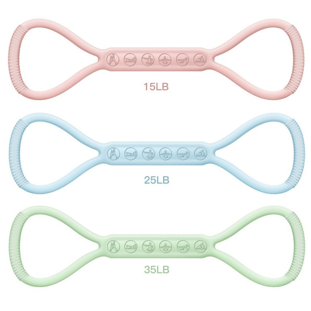 Three resistance bands in pink, blue, and green with weight labels on a white background.