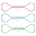 Three resistance bands in pink, blue, and green with weight labels on a white background.