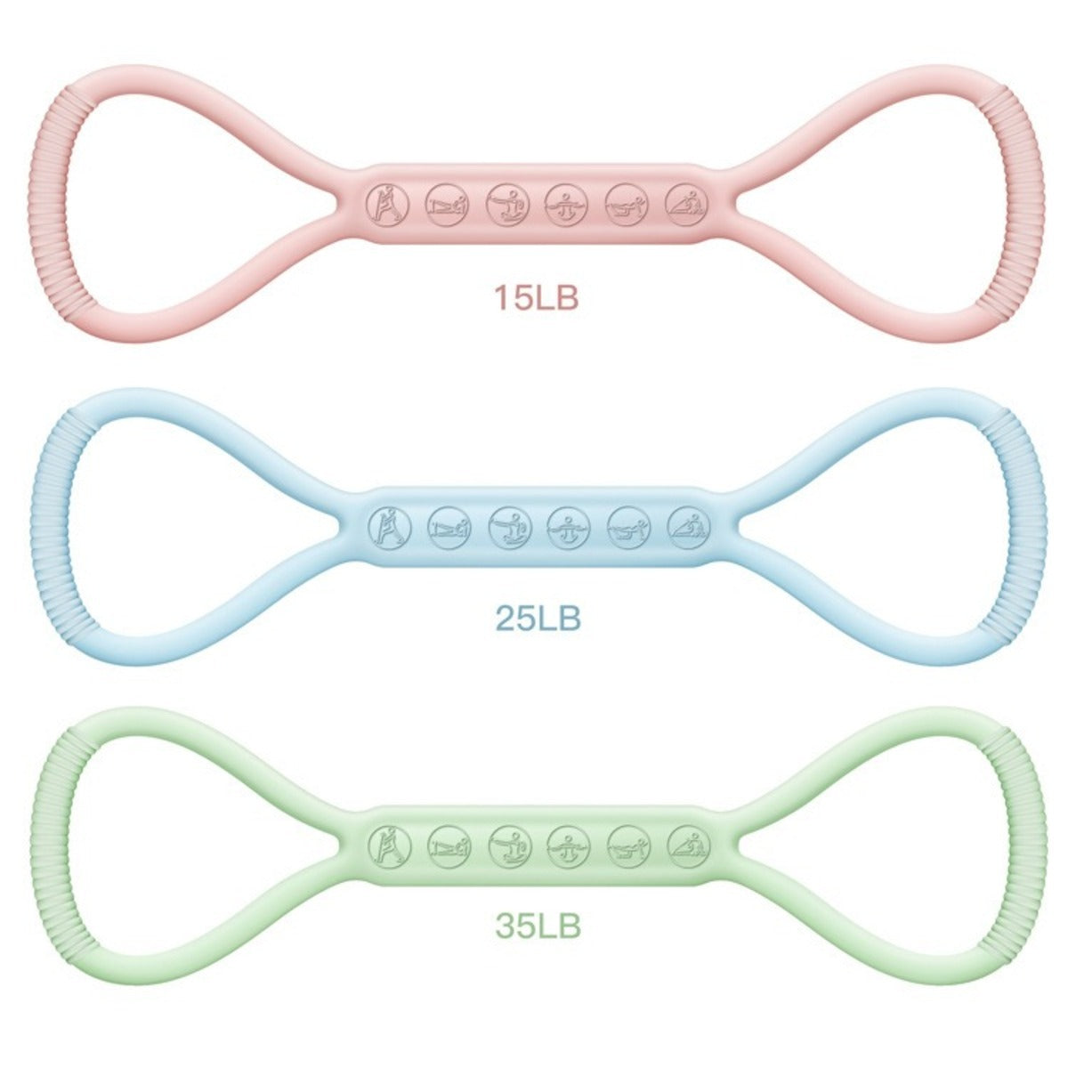 Three resistance bands in pink, blue, and green with weight labels on a white background.