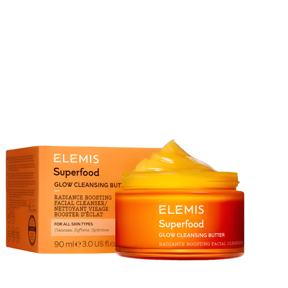 ELEMIS Superfood Glow Cleansing Butter 90ml radiance-boosting facial cleanser and makeup remover with orange packaging for glowing skin