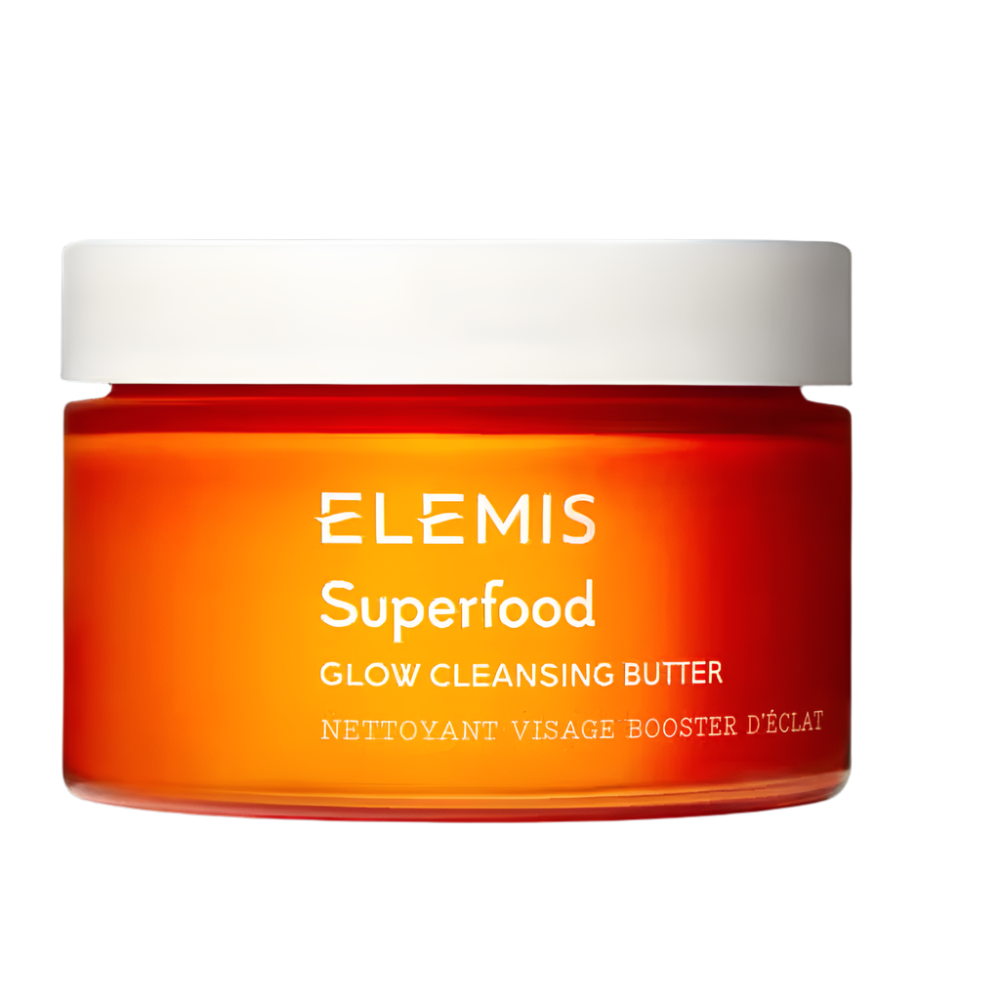ELEMIS Superfood Glow Cleansing Butter 90ml facial cleanser and makeup remover in orange jar with white lid for glowing, radiant skin