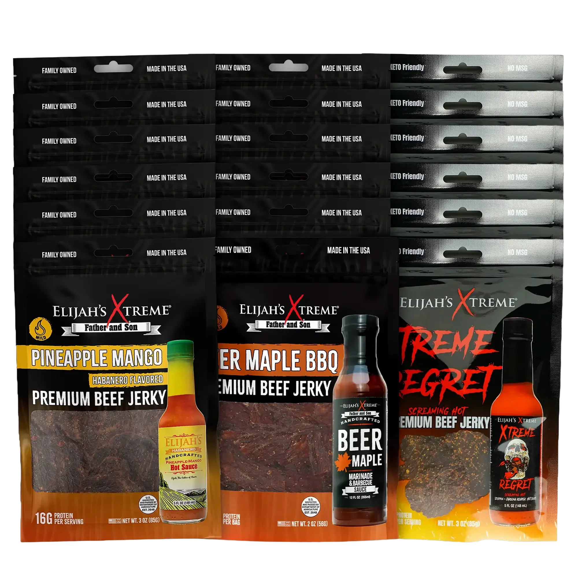 Elijah’s Xtreme Beef Jerky Bulk Trio - 6 bags of Each Flavor, 18 bags total (3lbs)