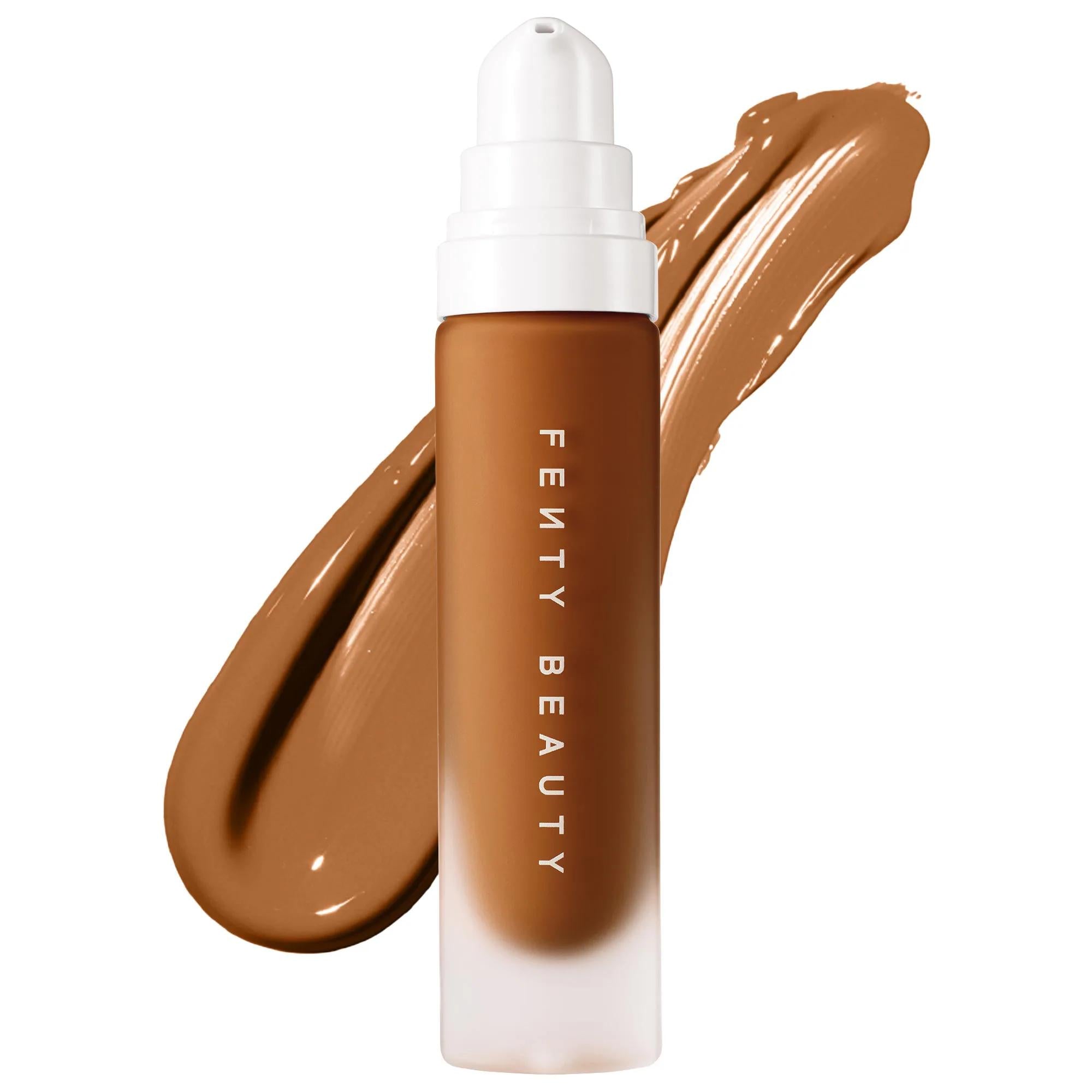 Fenty Beauty Pro Filt'r Soft Matte Longwear Liquid Foundation in Shade 420 with a rich caramel-brown matte finish, shown in a frosted pump bottle with a matching foundation swatch on a clean white background.