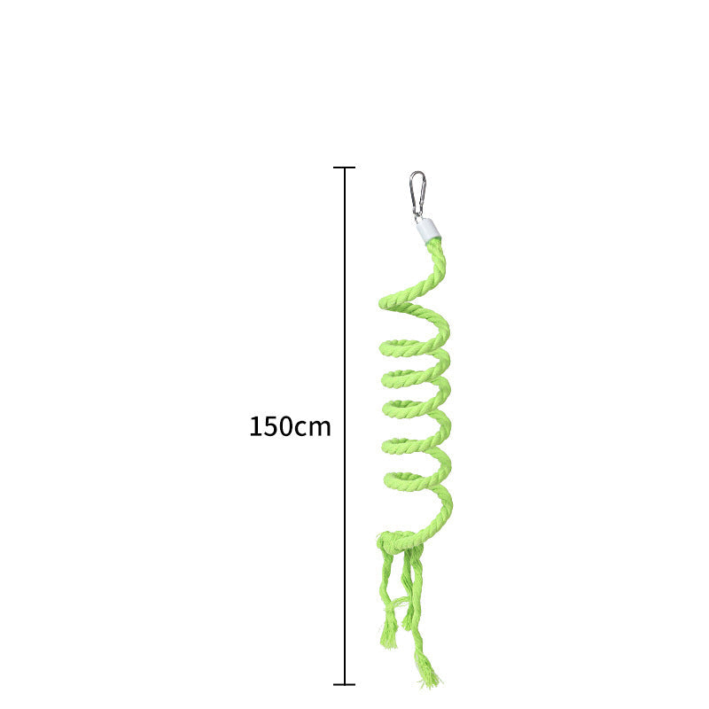 Green bendable spiral bird rope perch with a metal hanging hook, shown with a 150 cm length measurement on a white background. Designed as a flexible climbing perch and exercise toy for parrots, parakeets, cockatiels, conures, lovebirds, and other small to medium pet birds.