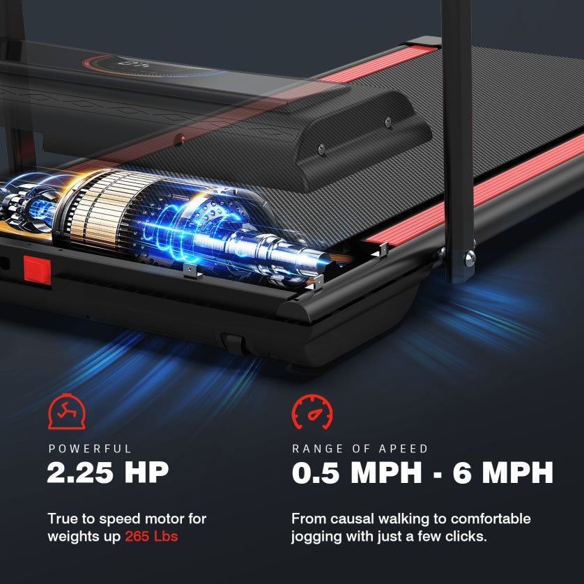Treadmill with a detailed view of the motor and speed range information.