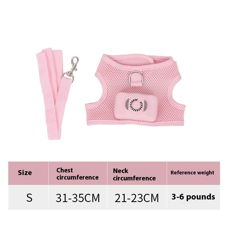 Pink breathable cooling dog harness and leash set with built-in pet air conditioner fan, adjustable chest strap, D-ring and mesh vest. Size S fits 31–35 cm chest, 21–23 cm neck and 3–6 lb small dogs and pets. Comfortable pet harness leash.