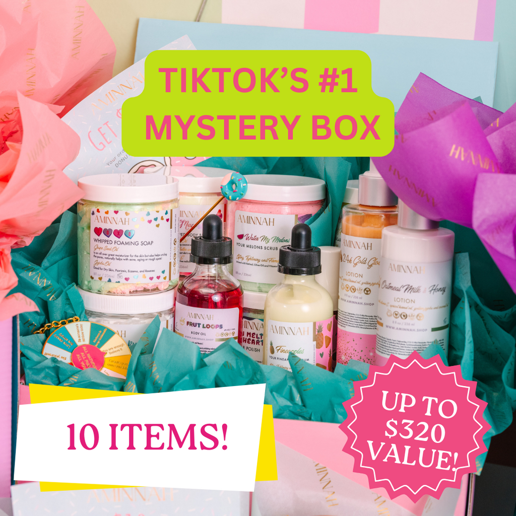 TikTok's #1 Mystery Box with 10 premium self-care essentials featuring clean beauty, cruelty-free, paraben-free, gluten-free, vegan, and natural ingredient skincare. Female-owned brand with recyclable packaging, luxury body care, bath and beauty gift set, perfect for gifting and self-care surprises.