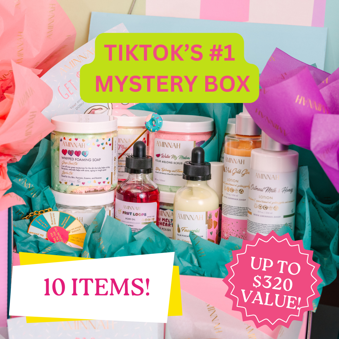 TikTok's #1 Mystery Box with 10 premium self-care essentials featuring clean beauty, cruelty-free, paraben-free, gluten-free, vegan, and natural ingredient skincare. Female-owned brand with recyclable packaging, luxury body care, bath and beauty gift set, perfect for gifting and self-care surprises.